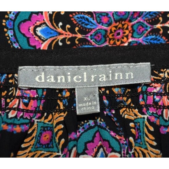 Daniel Rainn Chiffon Blouse Top Size XL Tie & Tassels Colorful Floral & Black - Picture 10 of 12